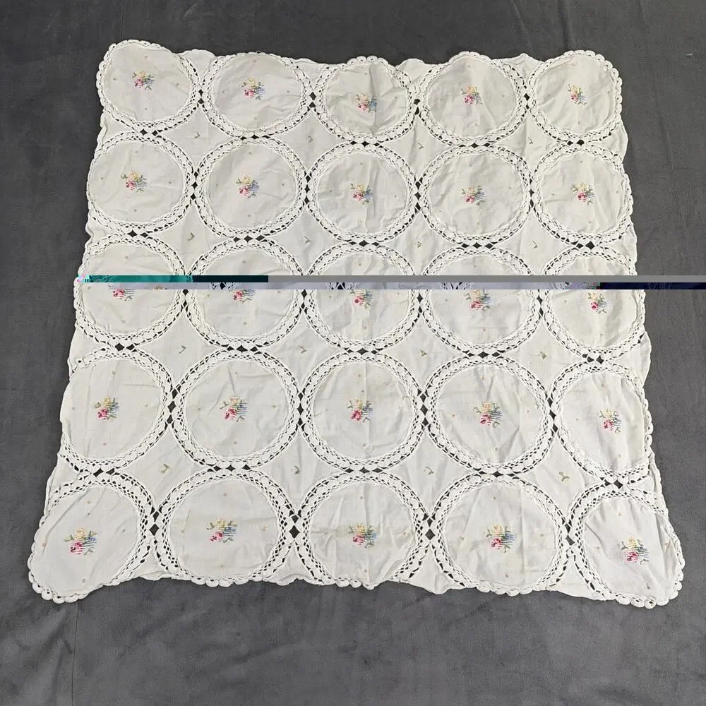 Vintage Table Cover 28in Square - Lace & Embroidered Flowers Cottage Boho Chrty